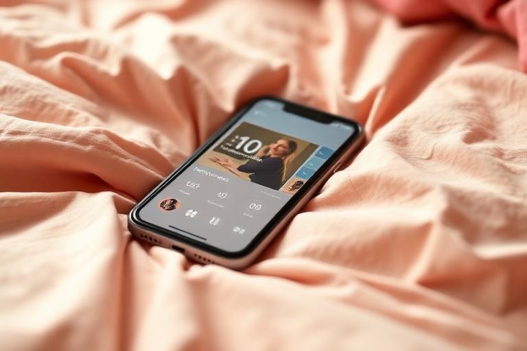 Phone on a bed showing a reel with thousands of views