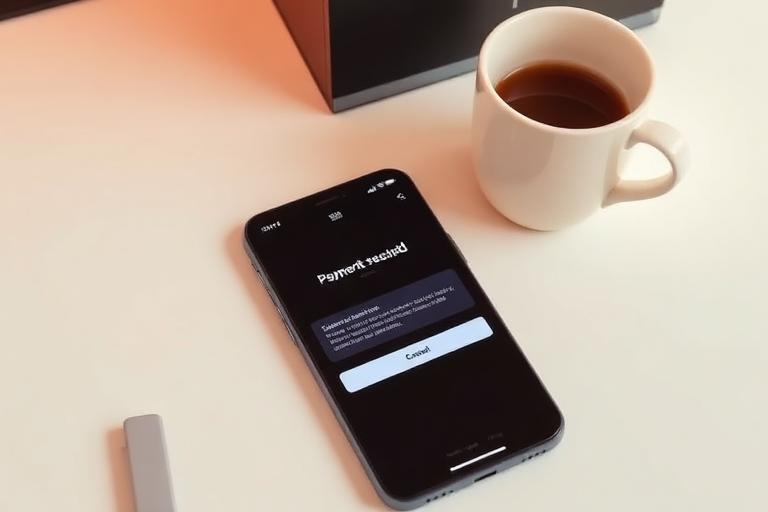 Phone showing a payment received notification next to a coffee