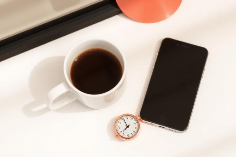 Coffee, clock and phone on a desk